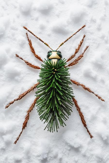 07628-1602148270-nature-inspired mixed media artwork resembling an insect, pine needles and twigs forming the body and legs, snow on white backgr.png